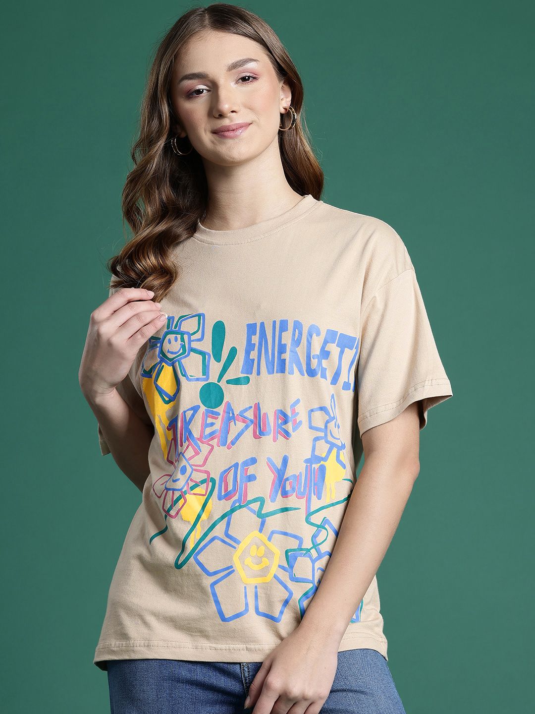 DressBerry Women Pure Cotton Typography Printed Drop-Shoulder Sleeves T-shirt