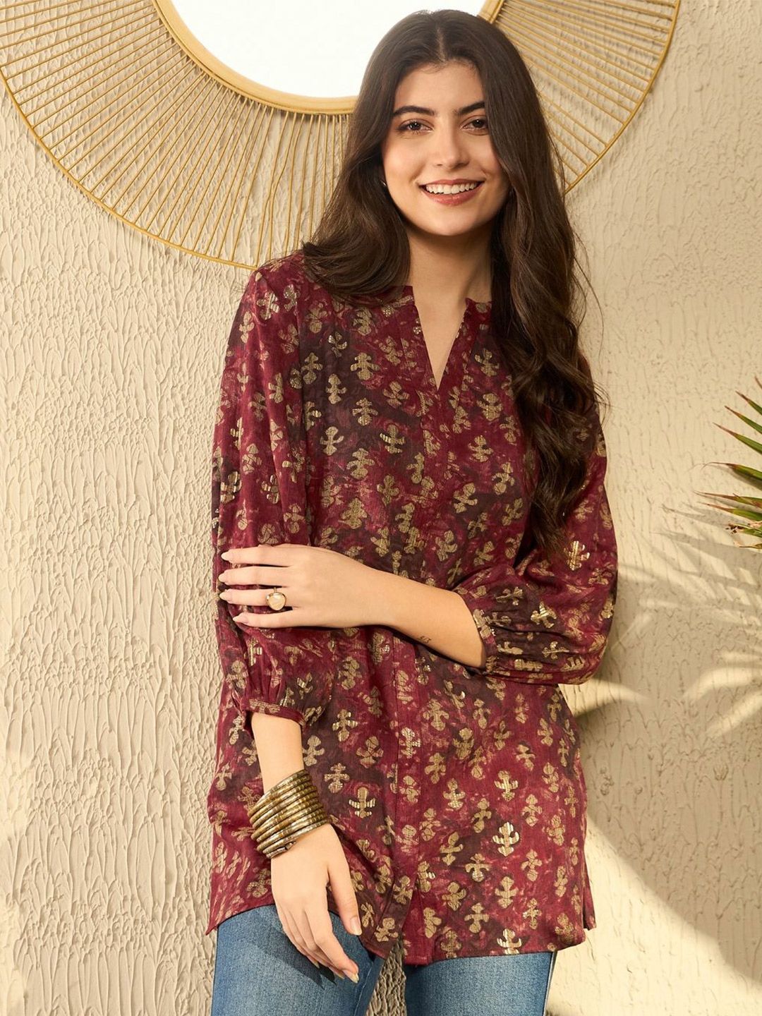 KALINI Floral Print Mandarin Collar Top