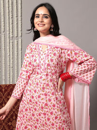 Varanga Floral Printed Pure Cotton A-Line Kurta With Trousers & Dupatta