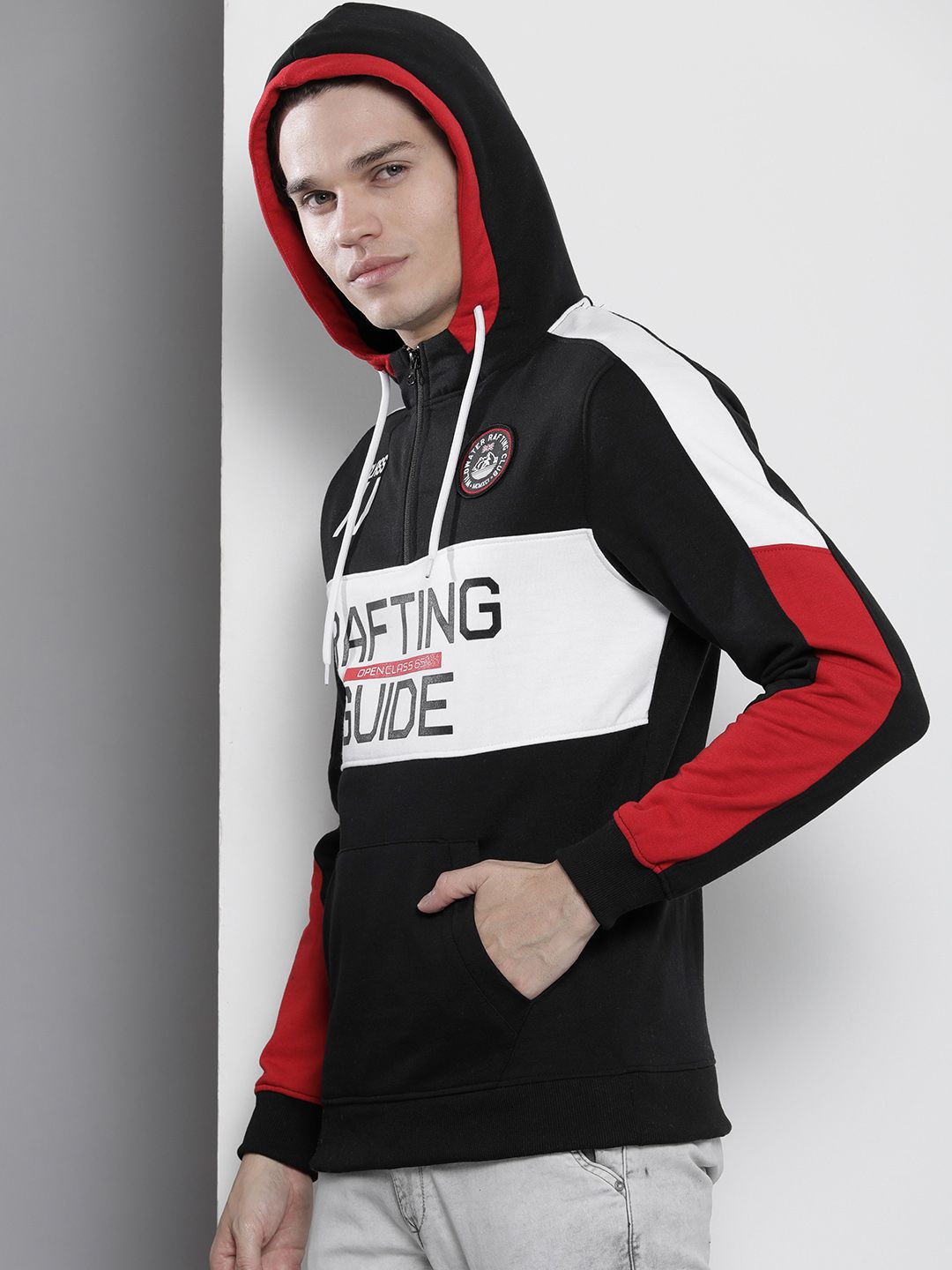 The Indian Garage Co Men Black & White Printed Hooded Sweatshirt