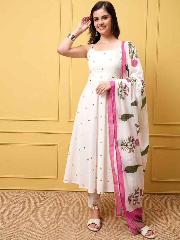 Vishudh Women Floral Embroidered Regular Pure Cotton Kurta with Trousers & With Dupatta