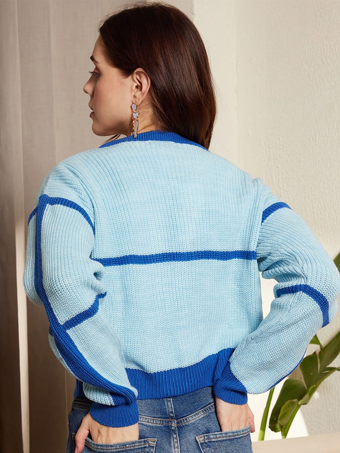 Berrylush Striped Crop Front Open Acrylic Sweater