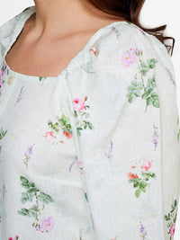 AND Green Floral Printed Round Neck Linen Top