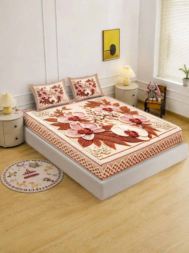 Moda Rapido X KLOTTHE Beige & Brown Floral 400 TC Cadar Katil King dengan 2 Sarung Bantal