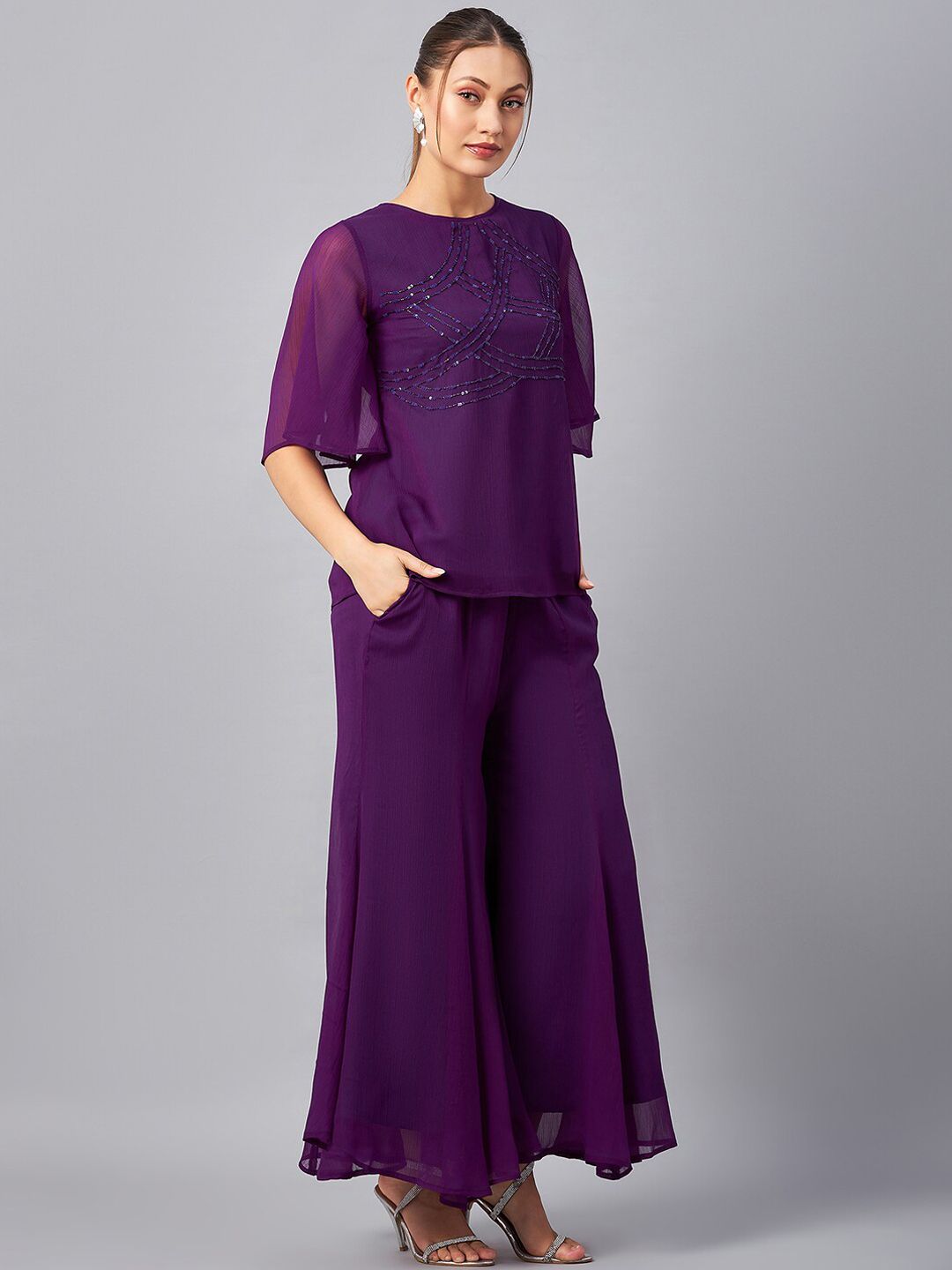 Antheaa Sequin Embroidered Top With Palazzo Co-Ords