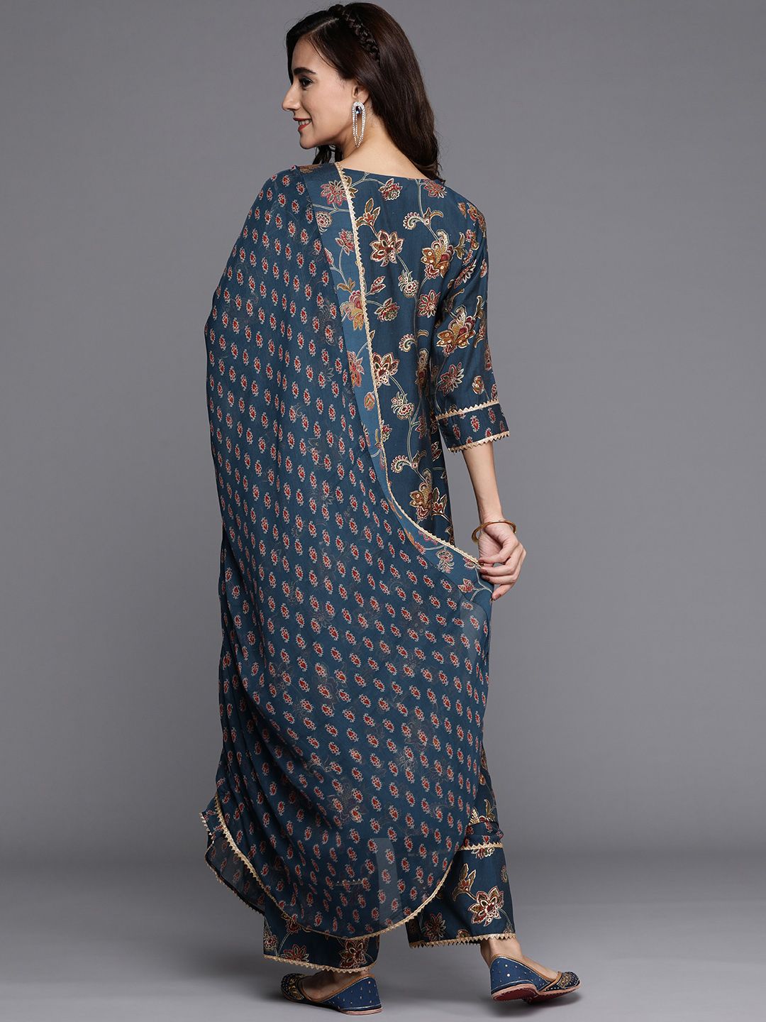 Libas Women Blue & Maroon Floral Printed Regular Kurta with Palazzos & Dupatta