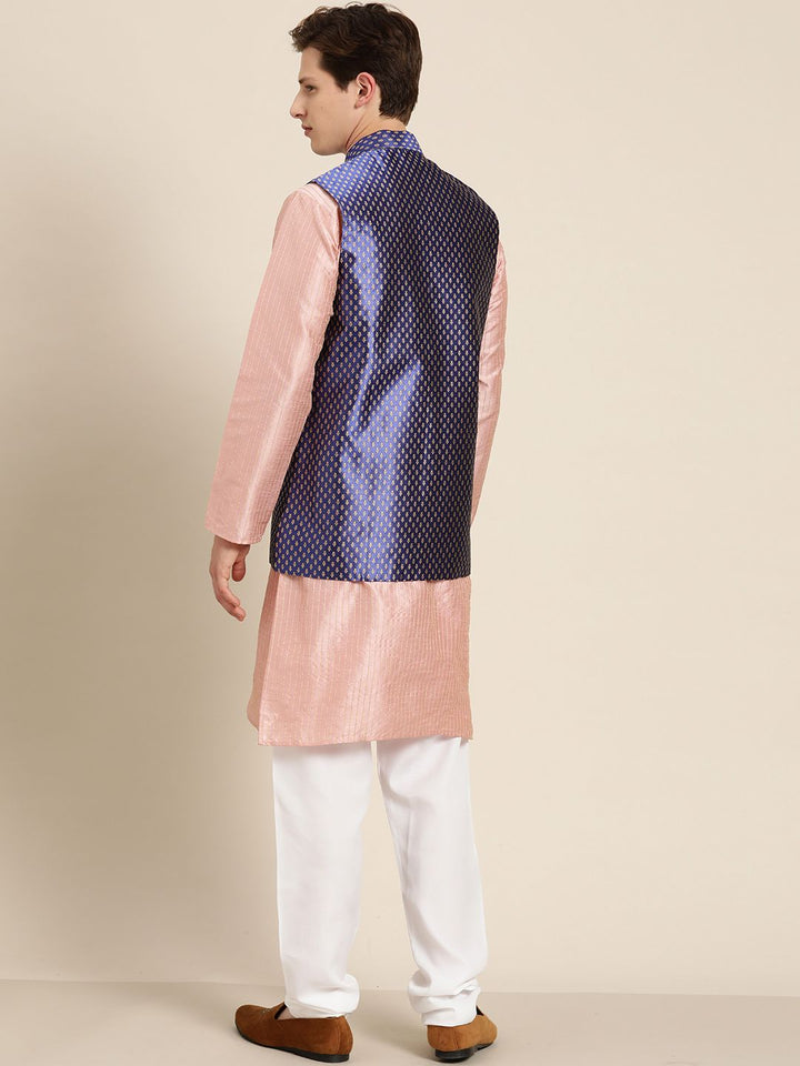 SOJANYA Men Pink & Beige Thread Work Straight Kurta Churidar dengan Jaket Nehru