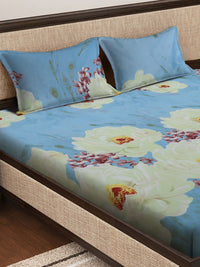 KLOTTHE Blue Floral Polycotton 300 TC King Fine Bedsheet dengan 2 Sarung Bantal-98 x 89 inci