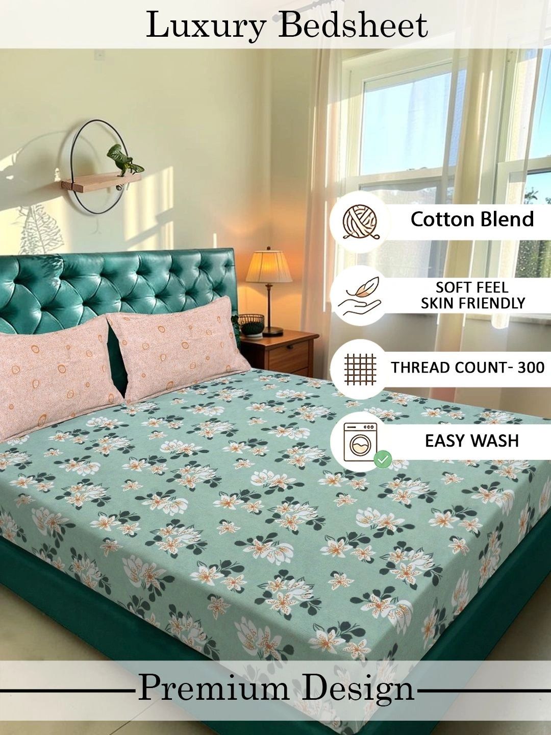 Moda Rapido X KLOTTHE Bunga Hijau 300 TC Cadar King dengan 2 Sarung Bantal