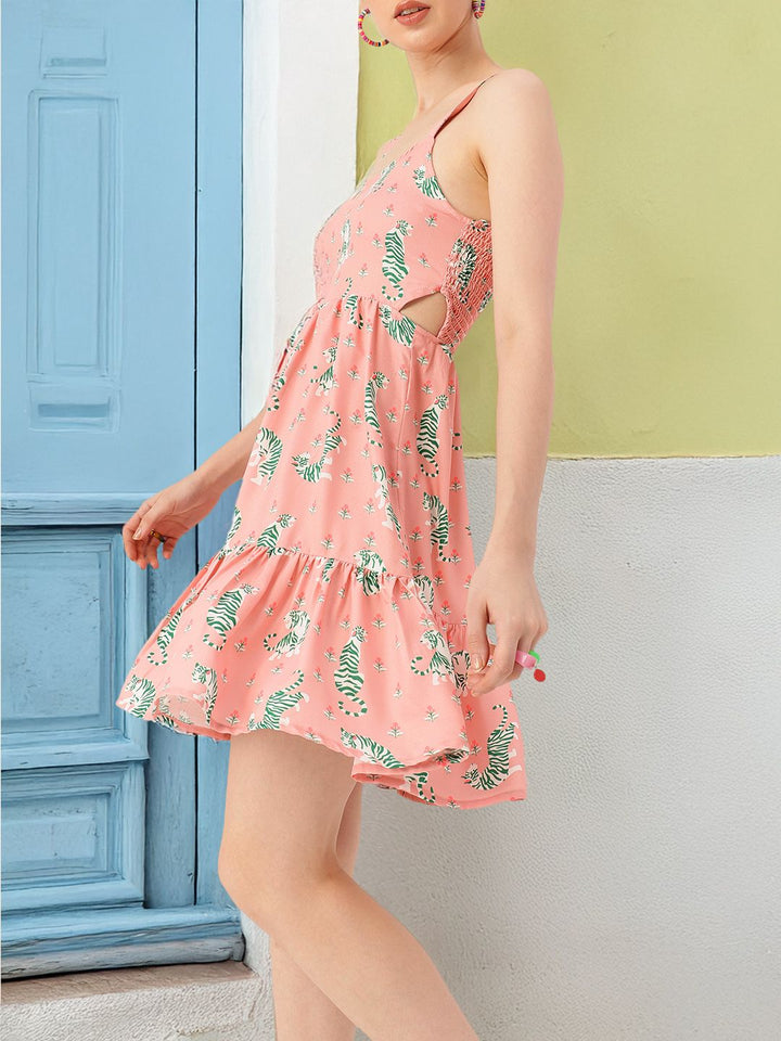 DressBerry Holiday Glam Printed Shoulder Straps Smocked Cut-Outs A-line Dress