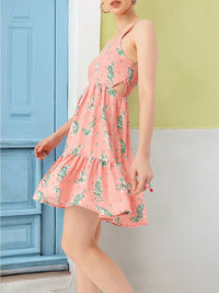 DressBerry Holiday Glam Printed Shoulder Straps Smocked Cut-Outs A-line Dress