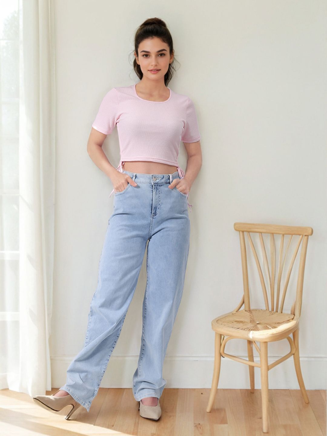 Freehand by The Indian Garage Co Women Round Neck Short Sleeves Crop Top