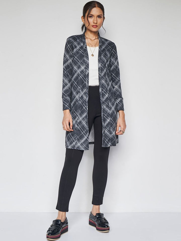 AND Checked Collarless Long Sleeves Longline Shrug