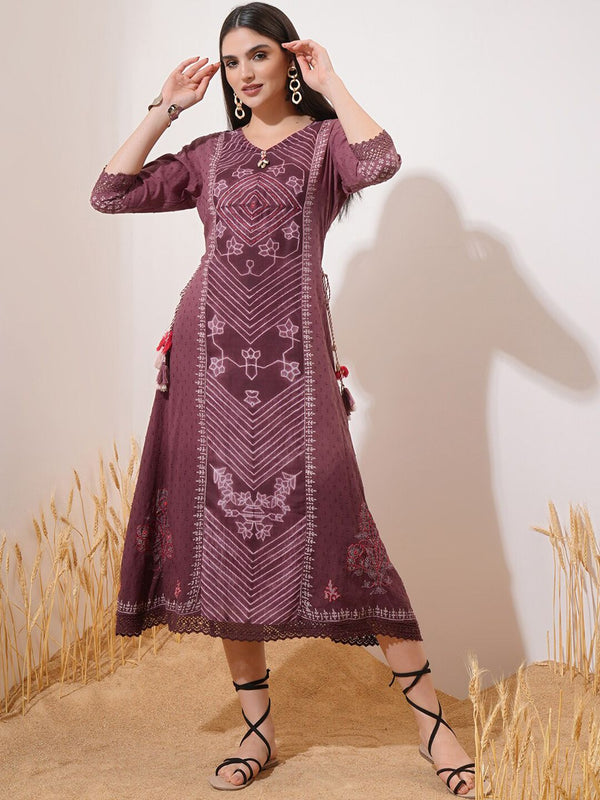 Vishudh Maroon Floral Printed Cotton  A-Line Midi Dress