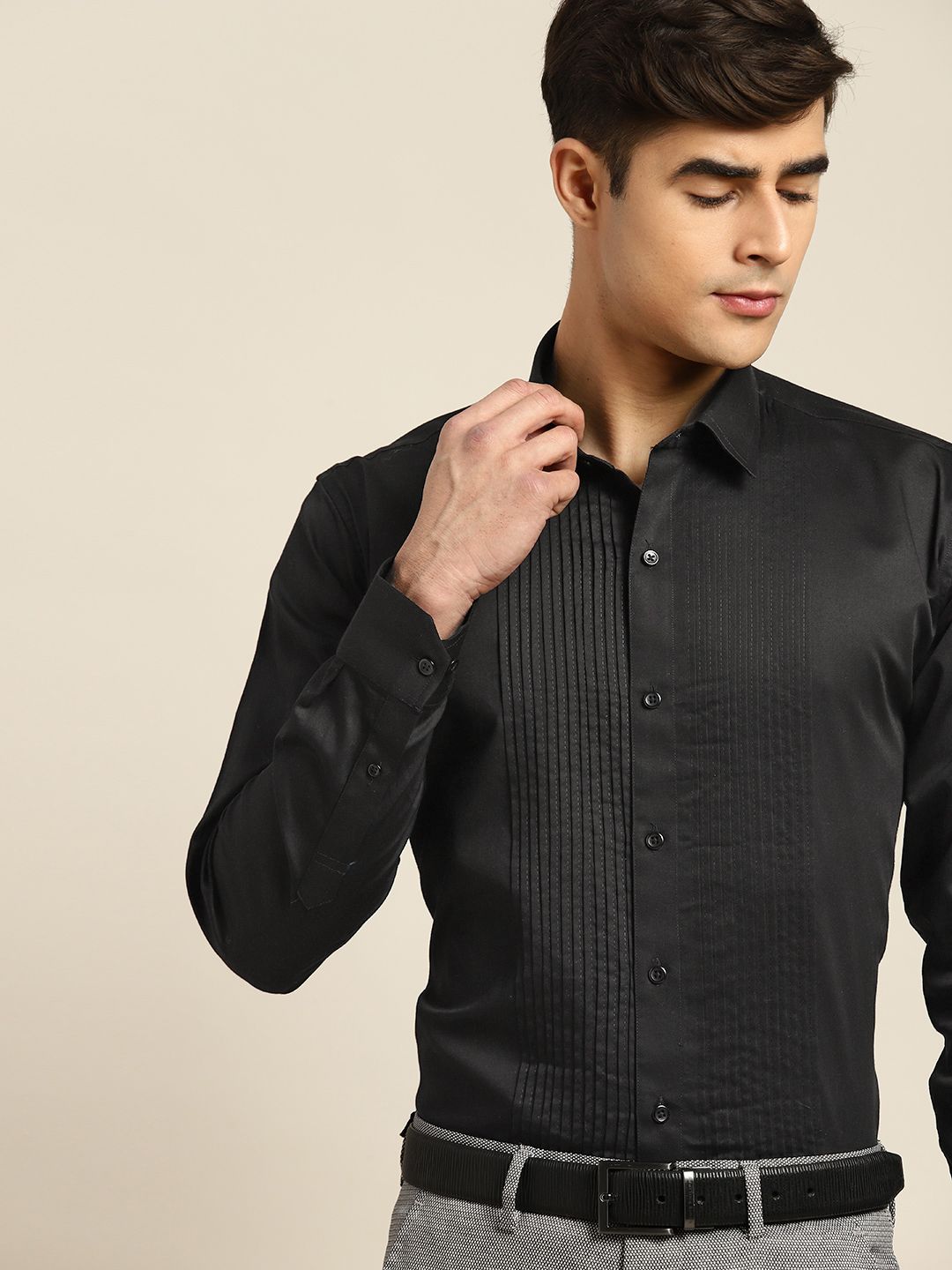 Hancock Men Tuxedo Pin Tucked Satin Pure Cotton Slim Fit Formal Shirt
