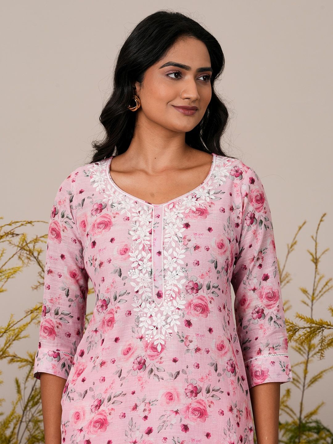 Libas Floral Printed Round Neck Thread Work Linen Kurta with Trousers & With Dupatta