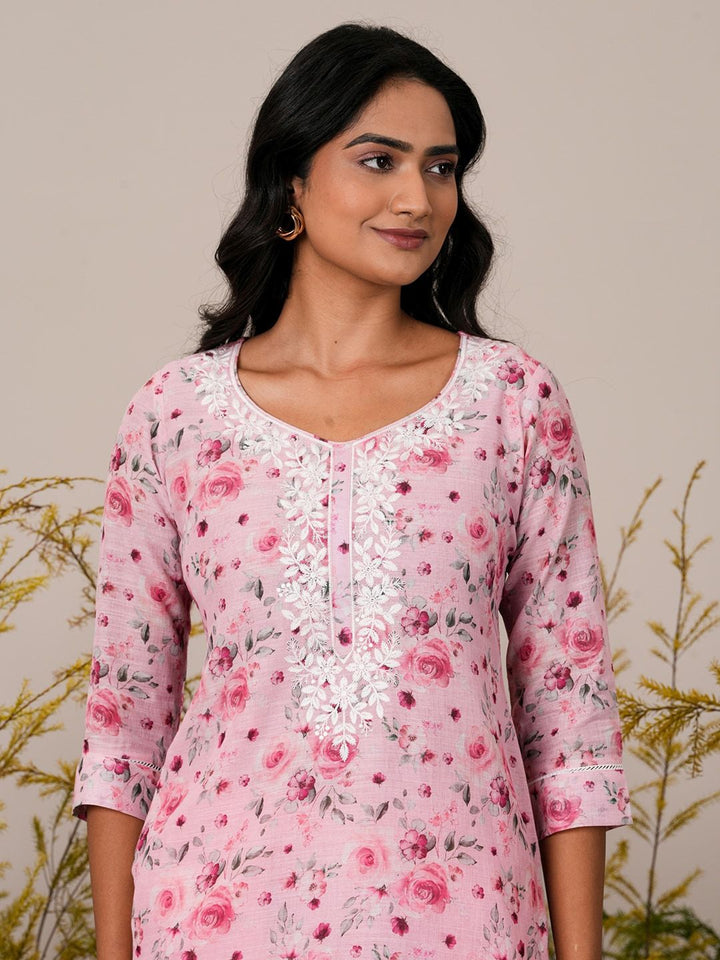 Libas Floral Printed Round Neck Thread Work Linen Kurta with Trousers & With Dupatta