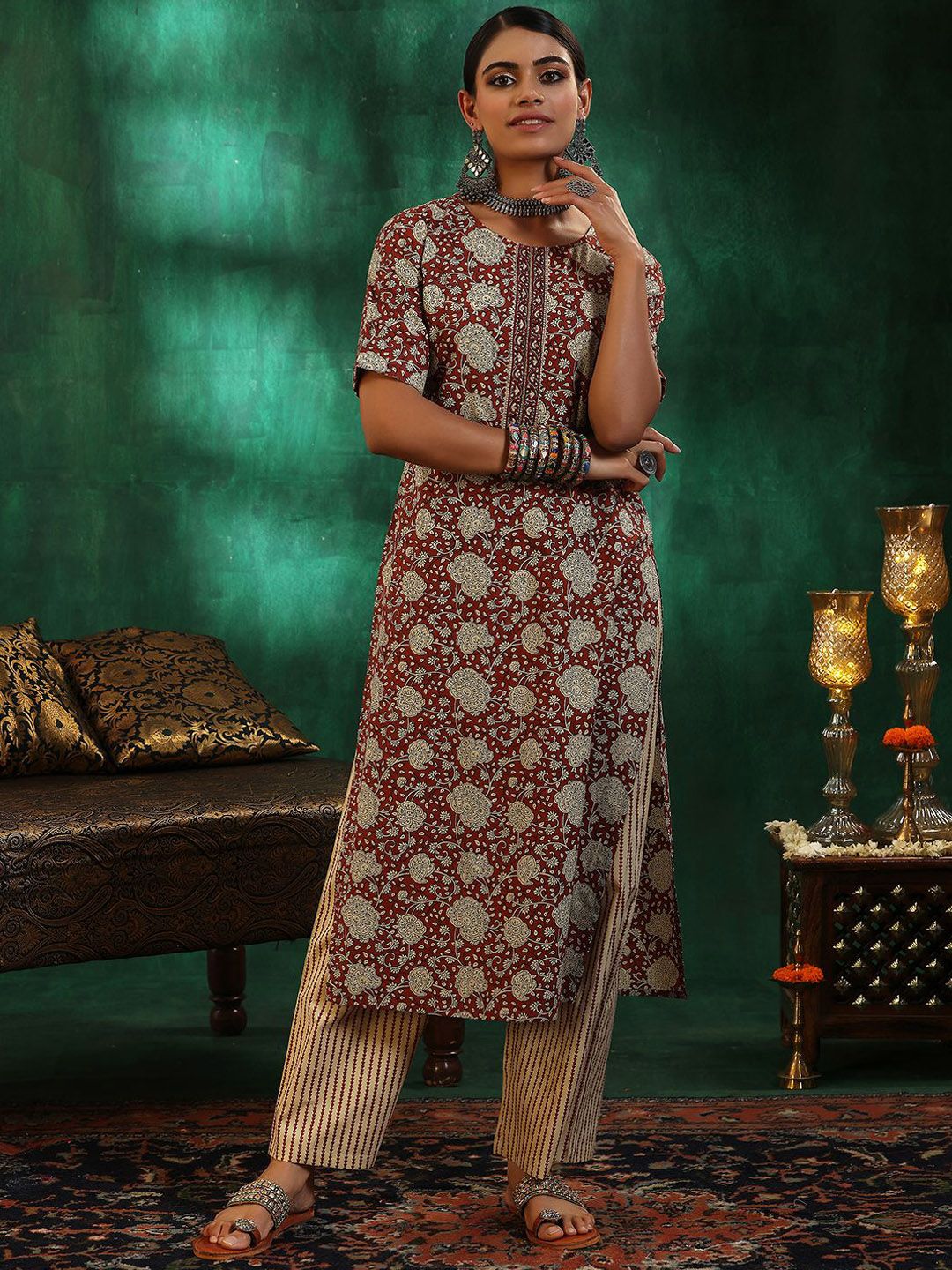 Libas Floral Printed Regular Gotta Patti Pure Cotton Straight Kurta with Palazzos