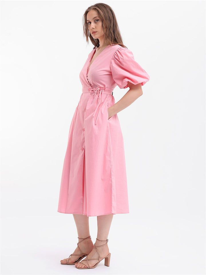 Rareism Puff Sleeve Midi Wrap Dress