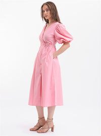 Rareism Puff Sleeve Midi Wrap Dress