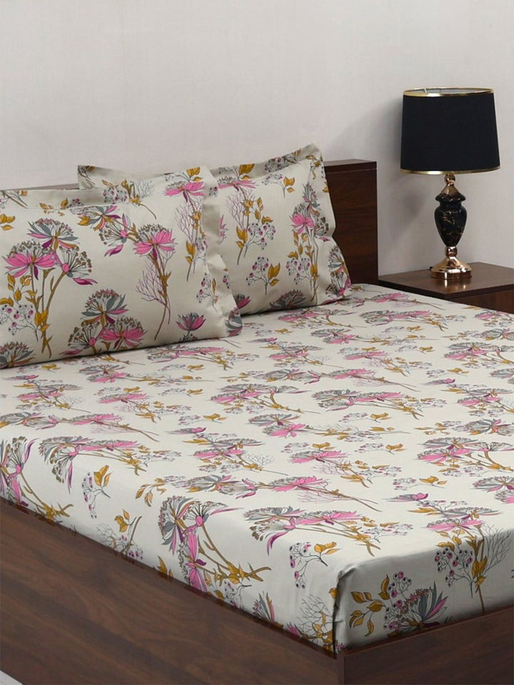 BOMBAY DYEING Floral Fiesta Grey Floral Cotton 140TC Queen Bedsheet Set 2.54 x 2.28m