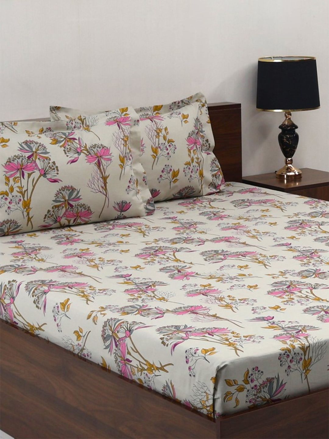 BOMBAY DYEING Floral Fiesta Grey Floral Cotton 140TC Queen Bedsheet Set 2.54 x 2.28m