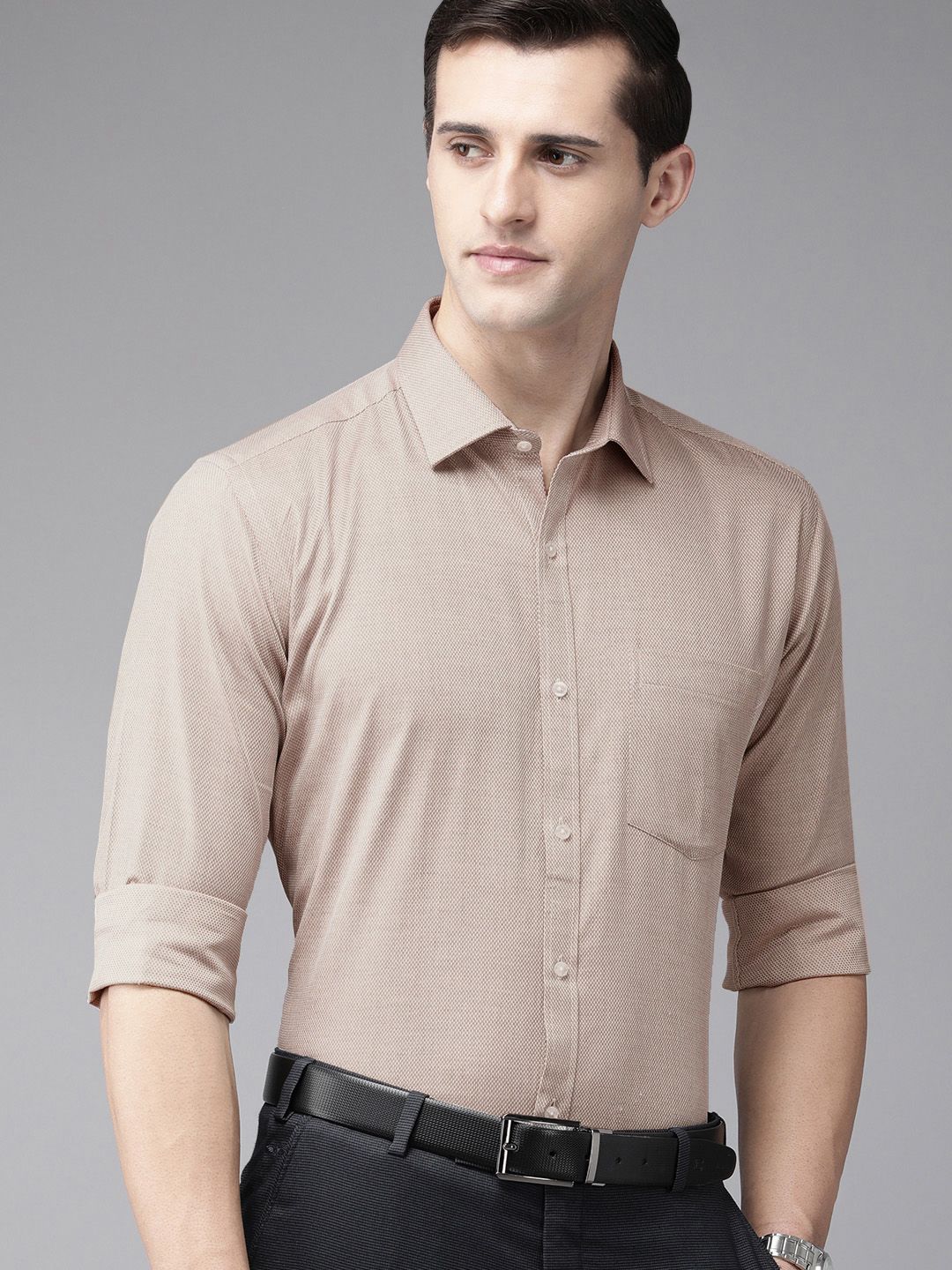 Park Avenue Men Grey Self Designed Textured Slim Fit Pure Cotton Formal Shirt
