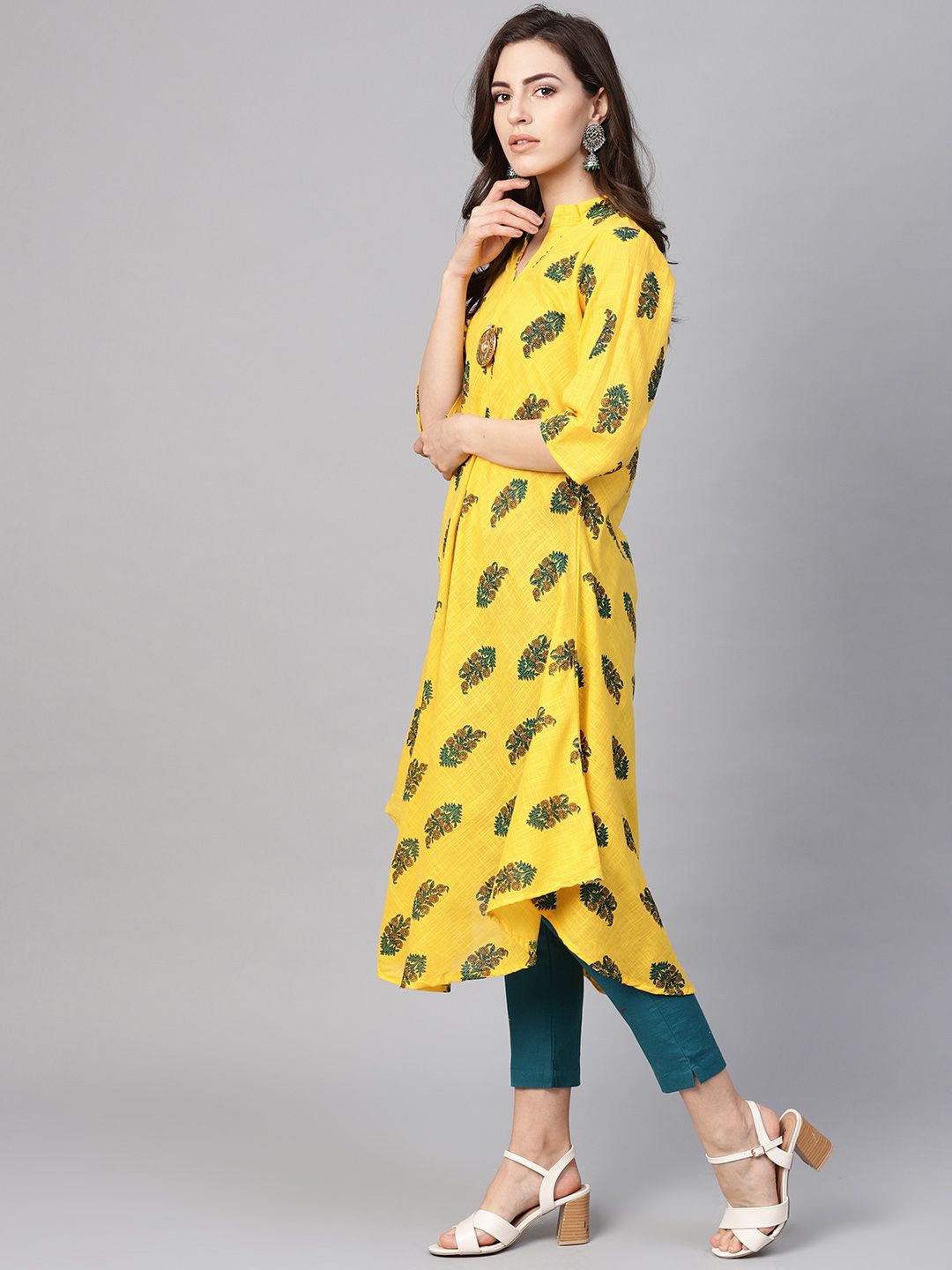 SOJANYA Kurta Bercetak A-Line Wanita Kuning & Hijau
