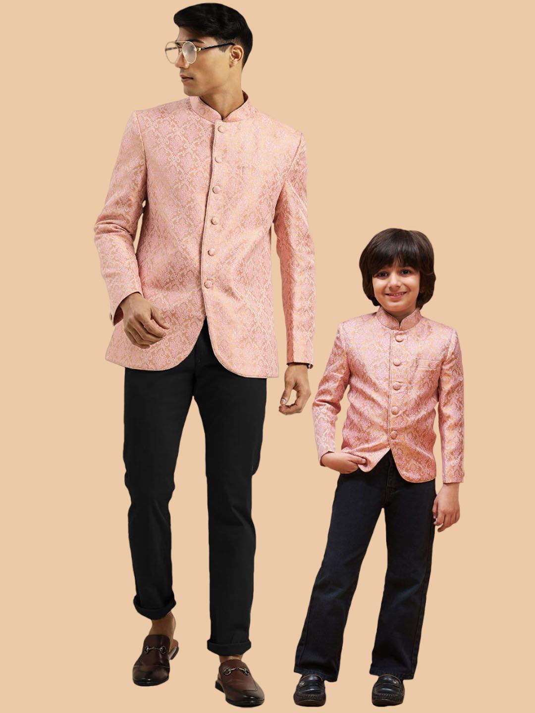 VASTRAMAY Boys Self Design Mandarin Collar Slim-Fit Silk Bandhgala Blazer