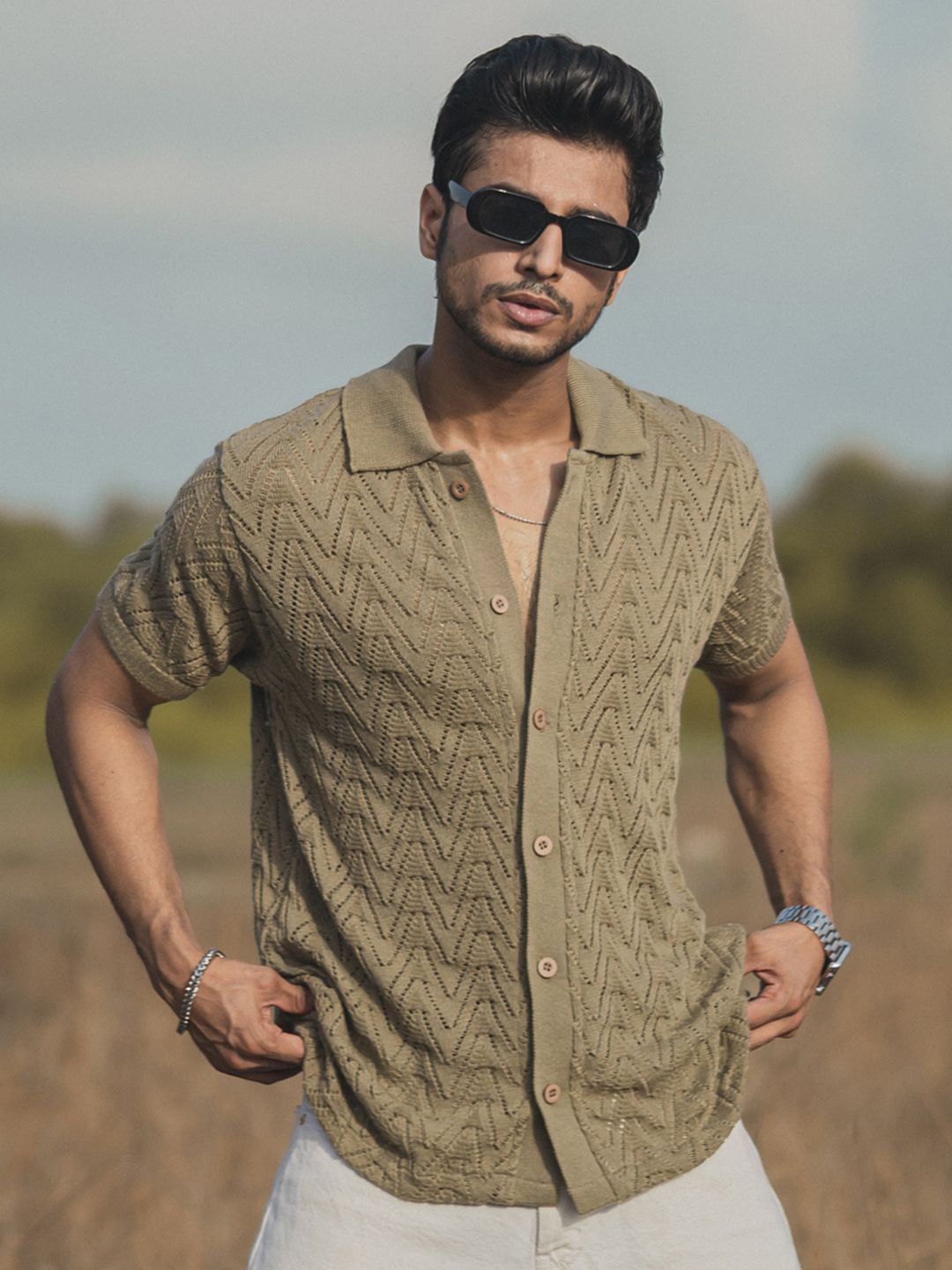 Powerlook Beige India Slim Geometric Self Design Spread Collar Casual Shirt