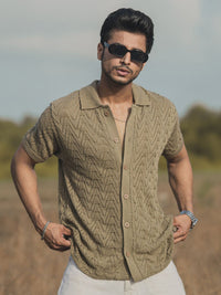 Powerlook Beige India Slim Geometric Self Design Spread Collar Casual Shirt