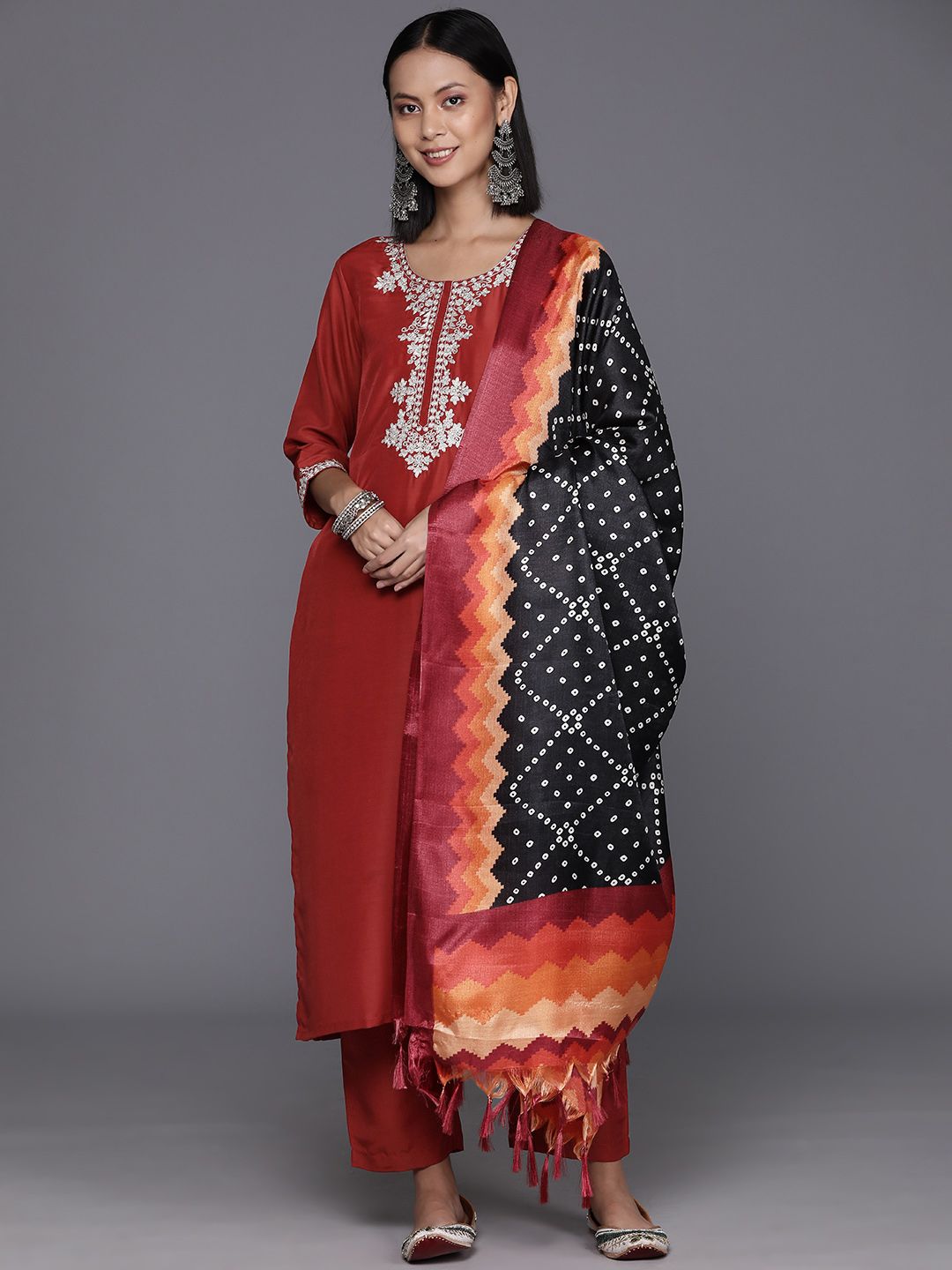 Varanga Women Rust Yoke Design Zari Kurta with Trousers & Dupatta