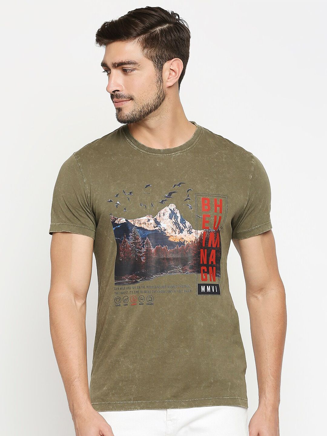Being Human Men Olive Green Printed T-shirt