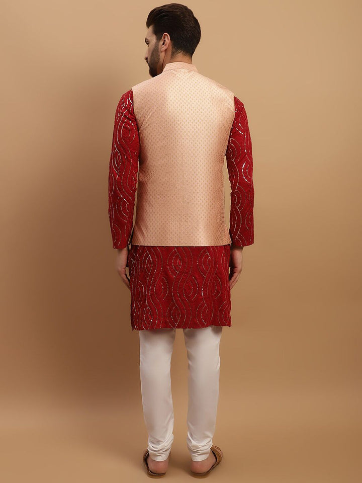 SOJANYA Embroidered Sequinned Pure Cotton Kurta with Churidar & Woven Design Nehru Jacket