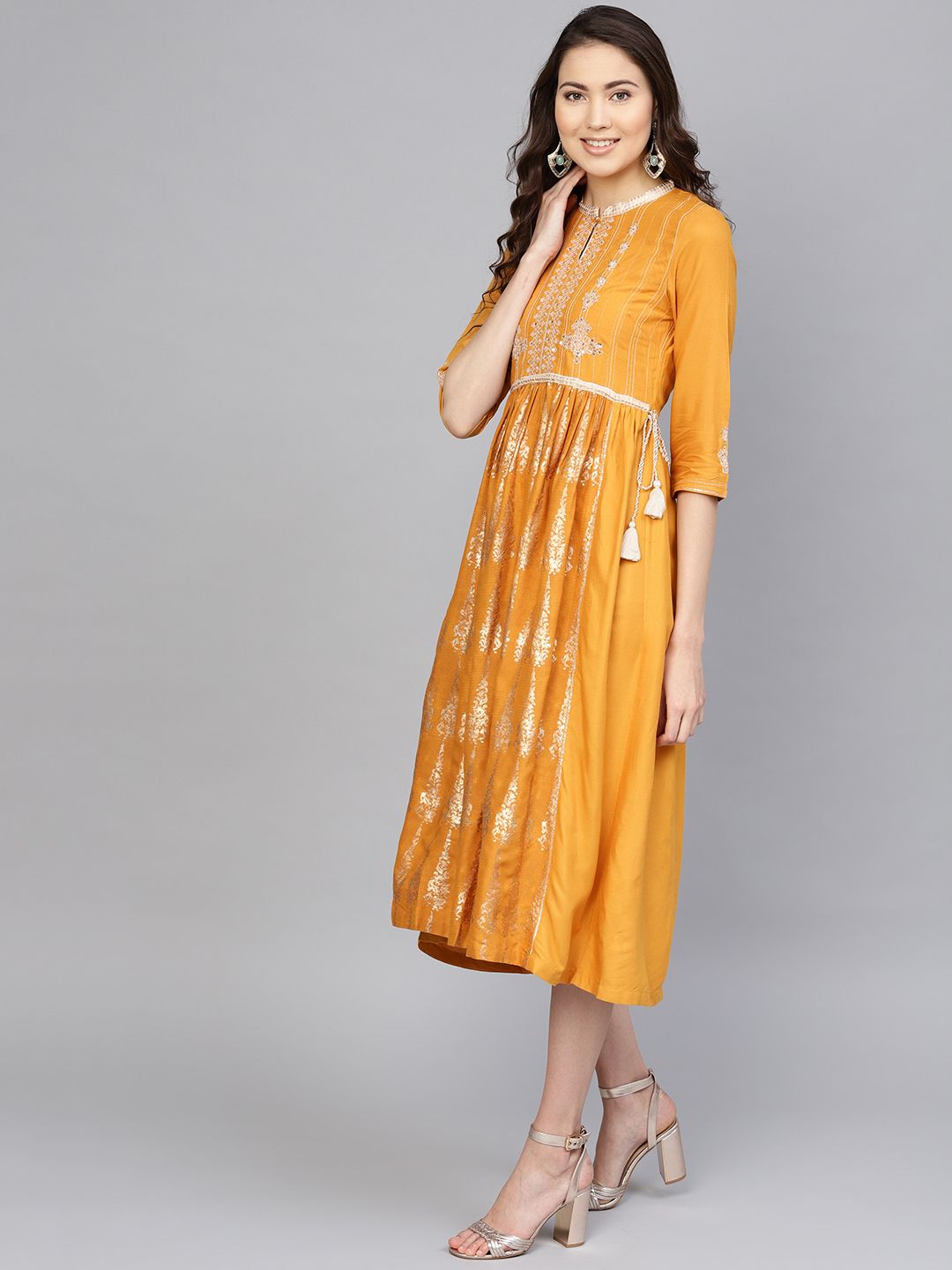 W Mustard Yellow & Golden Floral Printed A-Line Dress
