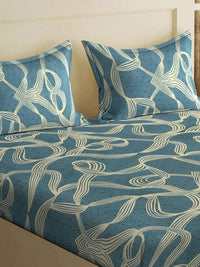 KLOTTHE Turquoise Blue Abstract 300 TC Fitted Double King Bedsheet With 2 Pillow Covers