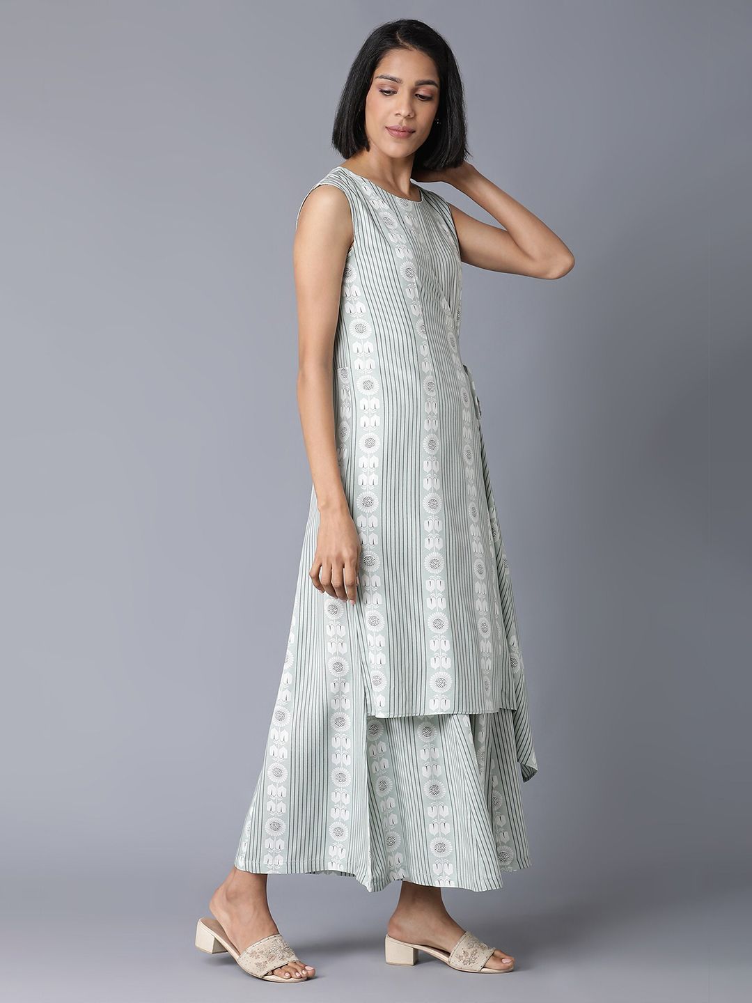 W Women Sage Green & White Printed Rayon Basic Jumpsuit