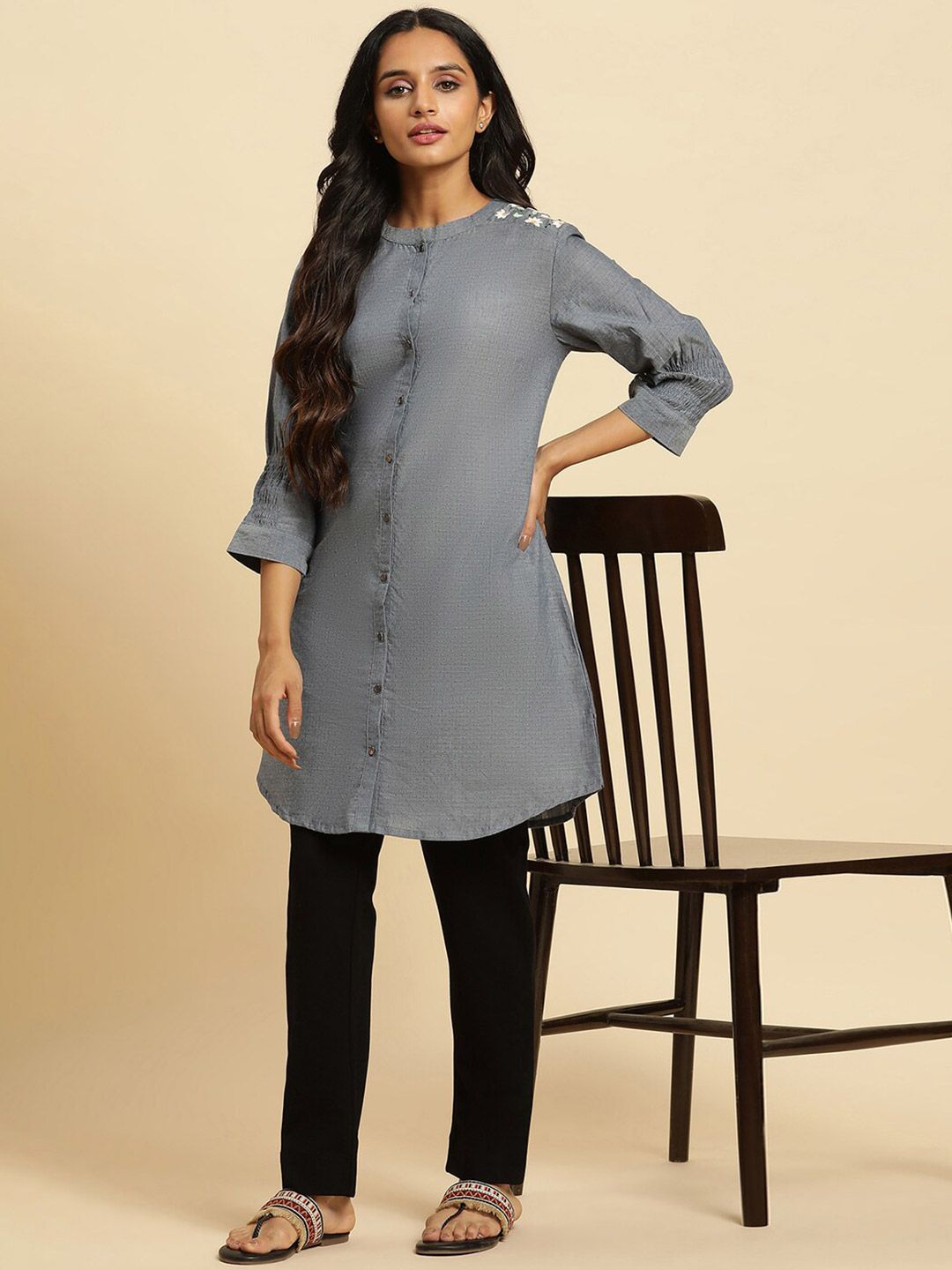 W Grey Floral Woven Design Mandarin Collar Pure Cotton A-Line kurta
