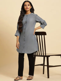 W Grey Floral Woven Design Mandarin Collar Pure Cotton A-Line kurta