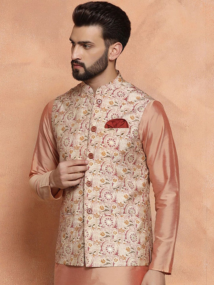 KISAH Printed Nehru Jackets With Pocket Square