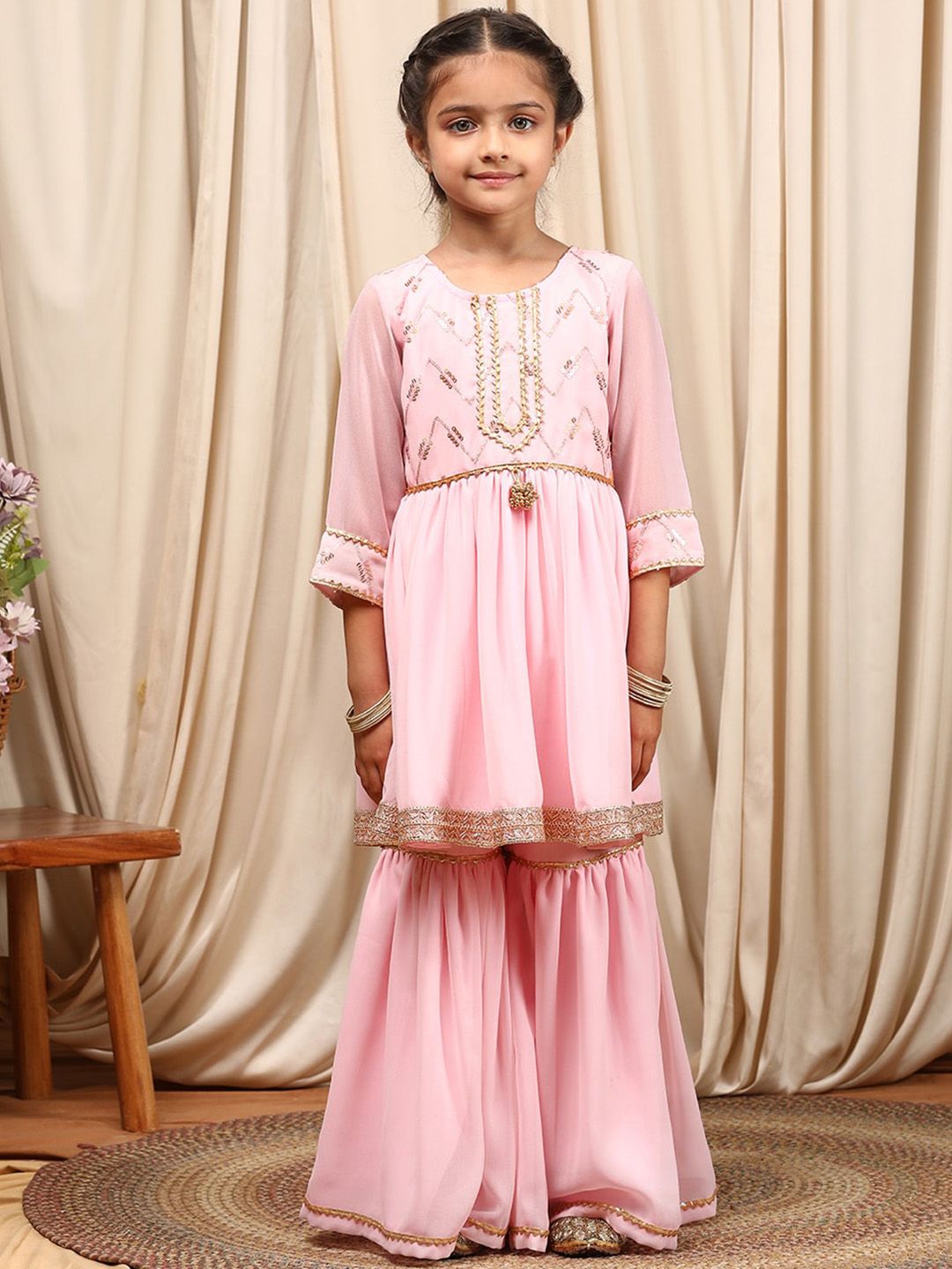 pspeaches Girls Round Neck Embroidered Sequinned Anarkali Kurti with Sharara & Dupatta