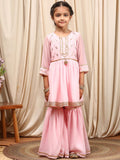 pspeaches Girls Round Neck Embroidered Sequinned Anarkali Kurti with Sharara & Dupatta