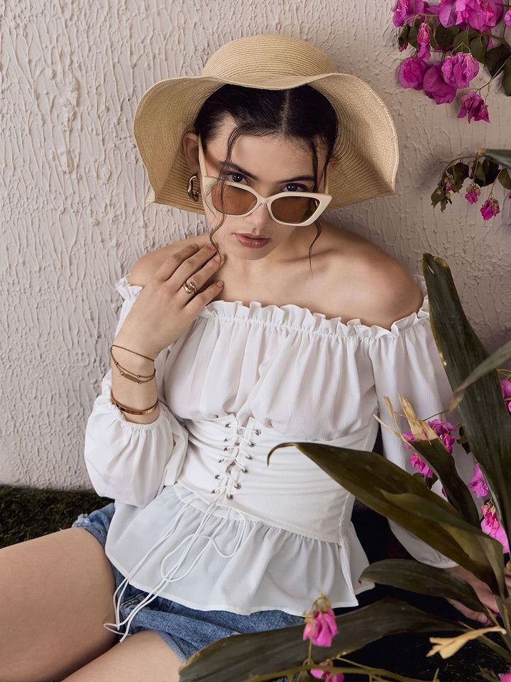 Berrylush Off-Shoulder Tie Ups Detail Bardot Top