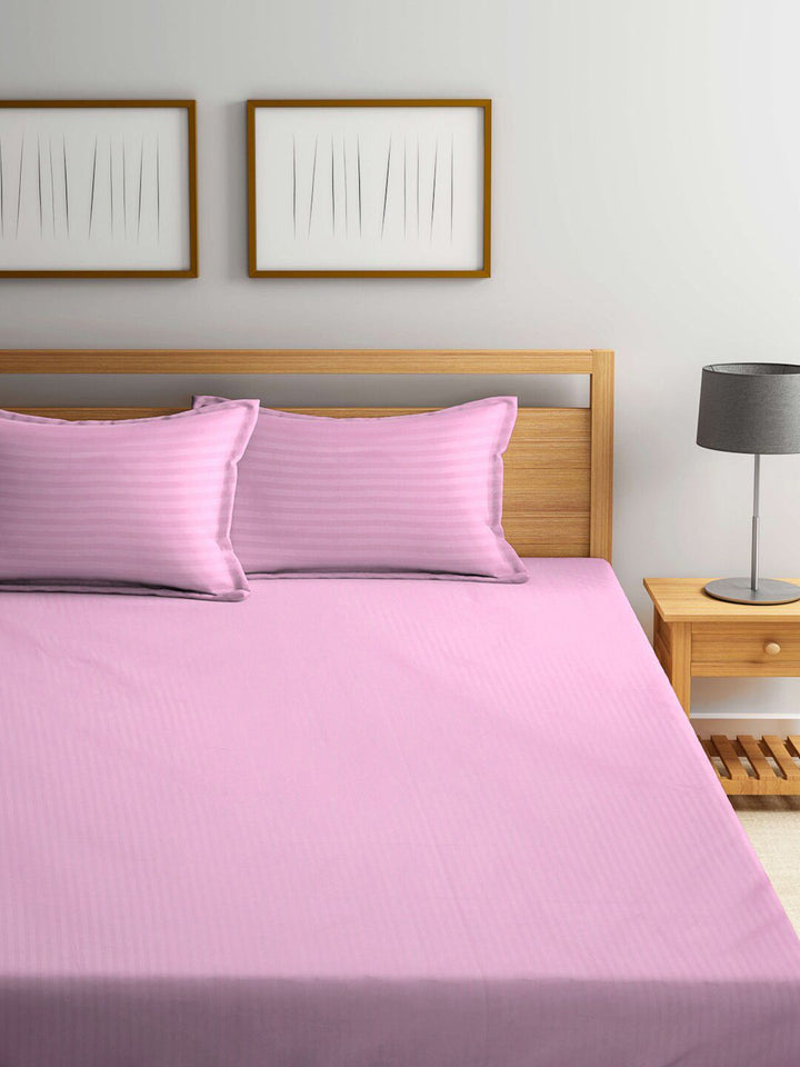 KLOTTHE Pink Striped 300 TC King Bedsheet With Pillow Cover