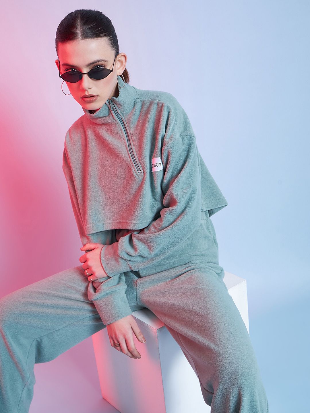 STREET 9 Green Mock Collar Crop Sweatshirt