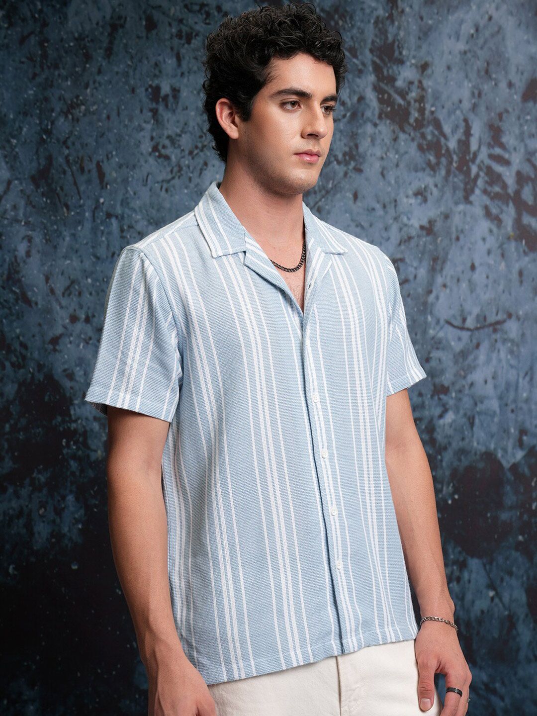 LOCOMOTIVE Premium Mock Lino Dobby Textured Striper Camp Collar Shirt