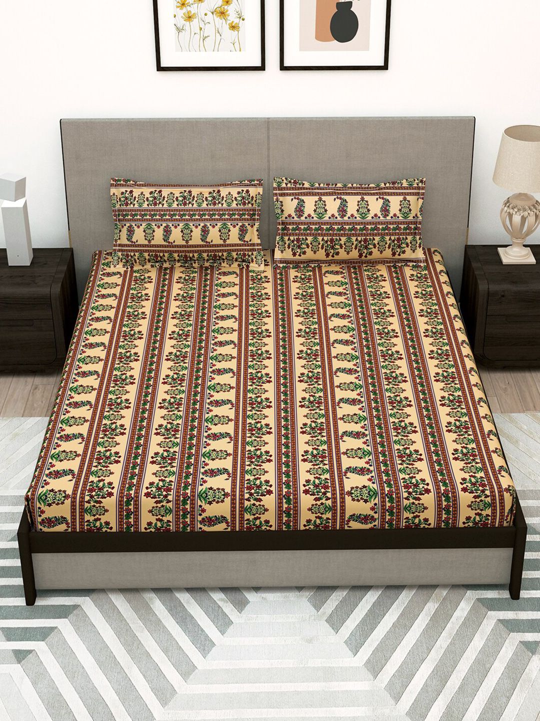 Story@home Beige & Red Ethnic Motifs 180 TC Flat Queen Bedsheet with 2 Pillow Covers