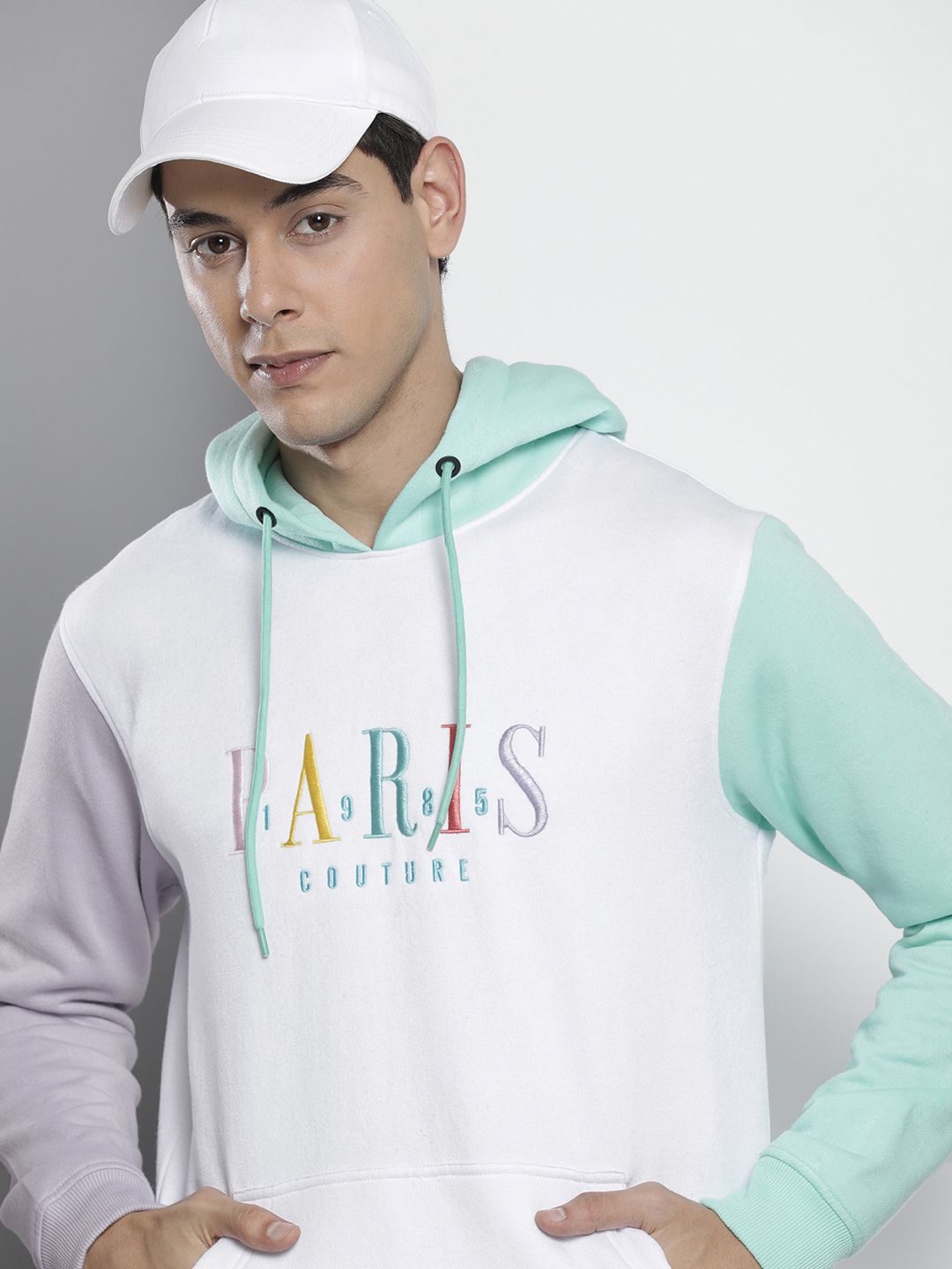 The Indian Garage Co Men White & Green Embroidered Hooded Sweatshirt