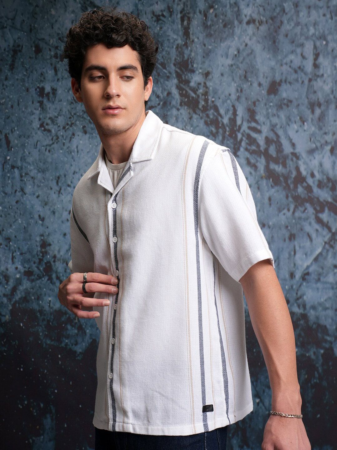 Locomotive Men White Mock Lino Dobby Textured Striper Camp Collar Oversized Shirt
