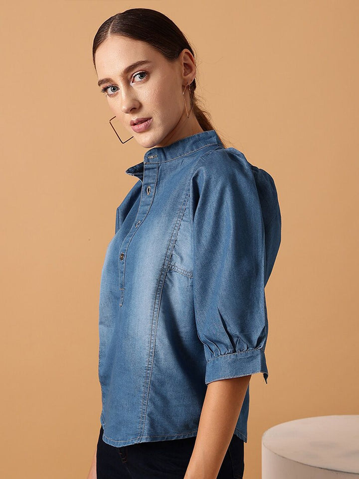 STREET 9 Puff Sleeves Pure Cotton Denim Mandarin Collar Shirt Style Top